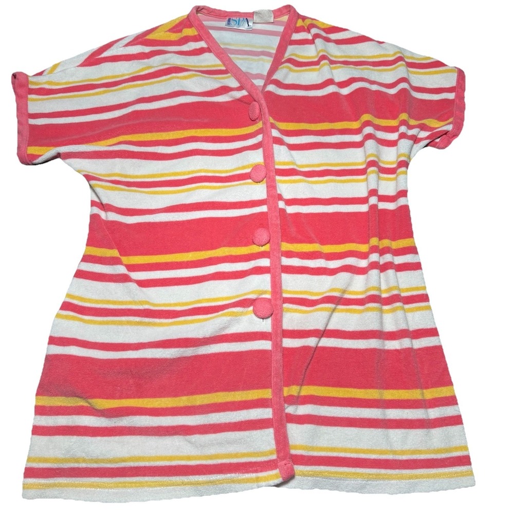 Vtg 90's Towel Terry Cloth L Beach Cover Button Up Striped Delicates Spa